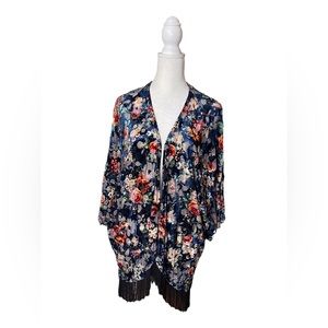 Mauve floral fringed velvet boho kimono style open front cardigan size large